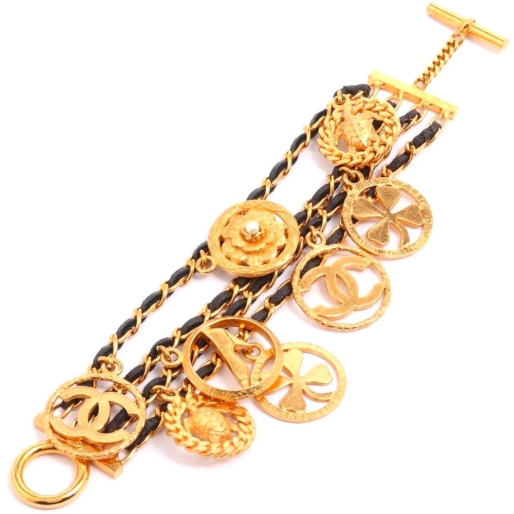 Auth CHANEL Mattrasse Gold Plated Black Leather Woven 4 Rows Charms Bracelet